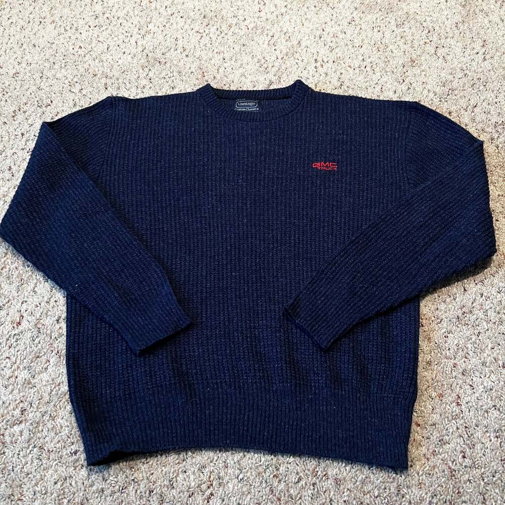 Vantage Custom Classics Navy Blue GMC Truck Embroidered Ribbed Knit Sweater